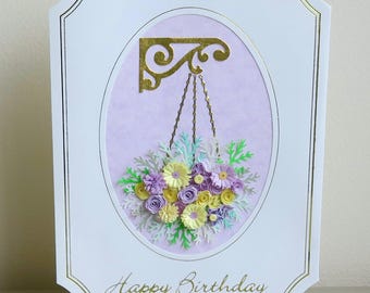Floral birthday card, handmade with quilling flowers in a hanging basket