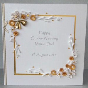 Tarjeta Quilled 50 aniversario de bodas de oro, mamá y papá, personalizada, hecha a mano