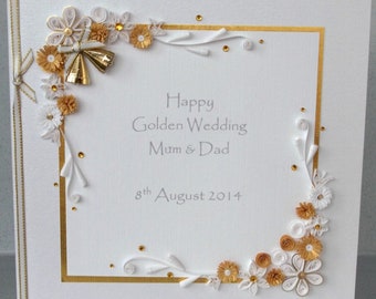 Quilled 50th golden wedding anniversary card, mum and dad, personalized, handmade