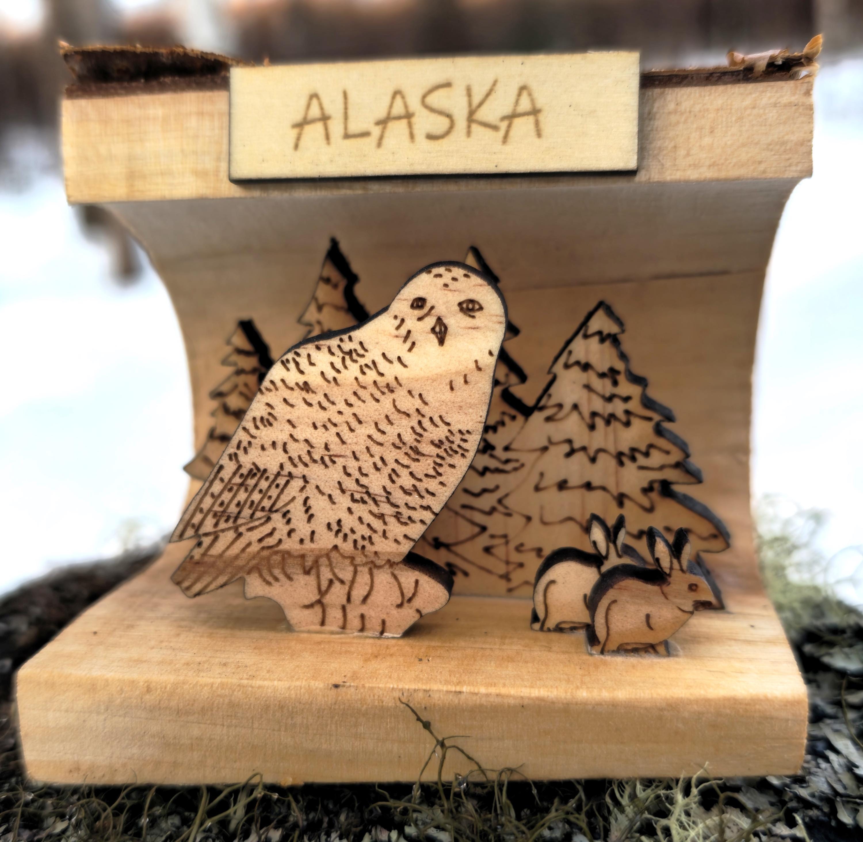 Alaska Winter Owl Scene: Wood Forest Rabbits, 3x3x3