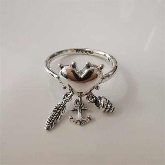 Pandora S925 Spiritual Symbols Ring Heart Anchor Feather