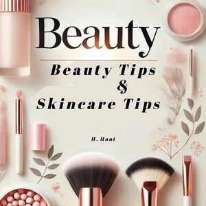 May include: A pink and white book titled "Beauty Beauty Tips & Skincare Tips" by H. Hunt. The book is surrounded by makeup brushes, blush, and other beauty products.
