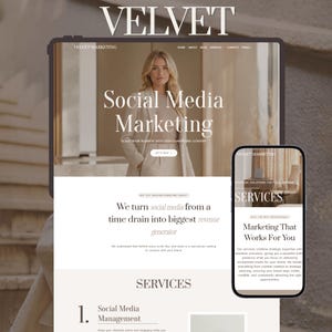 May include: A tablet and smartphone showing a website for Velvet Marketing. The tablet displays "Social Media Marketing" with a woman in a suit. The phone shows "Services" and "Marketing That Works For You."