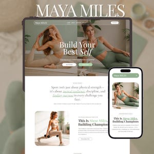 May include: A digital tablet and smartphone displaying a website with the text "MAYA MILES" and "Build Your Best Self." The website features images of a woman in activewear, with text about mental resilience and discipline.