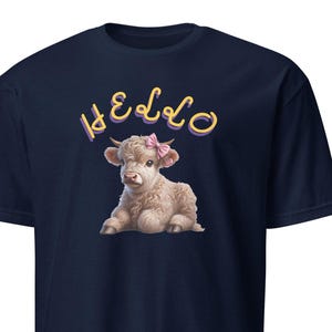 Hello Cow Graphic T-Shirt - Cute Highland Cow Tee for Animal Lovers - Adorable Farm Animal Shirt Gift for Her or Him