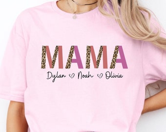 Custom Leopard Mama Shirt, Personalized Mama Shirt with Kid Names, Mothers Day Gift, Personalized Mama Shirt, Mom Heart Shirt, Gift for Her