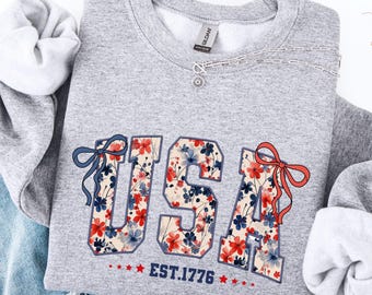 Coquette USA Est 1776 Sweatshirt, 4th of July Hoodie, Coquette Bow 4th of July Hoodie, Floral Fourth of July Sweatshirt, America 1776 Hoodie