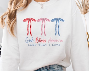 Gott segne Amerika, Land, in dem ich Sweatshirt liebe, Kokette Schleife 4. Juli Rundhalsausschnitt, Geschenk Hoodie zum Unabhängigkeitstag, süßes patriotisches Sweatshirt