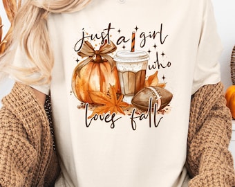 Comfort Colors® Nur ein Mädchen, das Herbst-T-Shirt liebt, gemütliches Herbst-Vibes-T-Shirt, Kaffee-Liebhaber-Geschenk, Kürbis-T-Stück, Erntedank-T-Shirt, kokettes Herbst-T-Stück