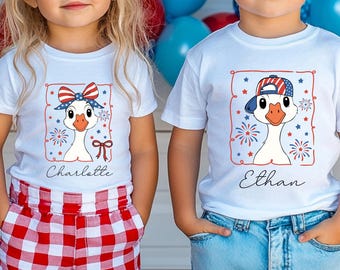 Camiseta personalizada de ganso del 4 de julio para niños, camiseta personalizada del 4 de julio para niños pequeños, camiseta patriótica, camiseta infantil del 4 de julio, camiseta infantil con nombre personalizado