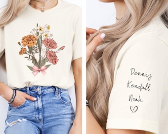 Camiseta personalizada con ramo de flores para mamá, camiseta con jardín para mamá, camiseta floral para mamá, camiseta personalizada con nombre para niños, camiseta de regalo personalizada