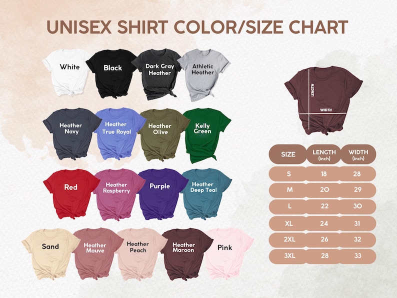 May include: A color and size chart for unisex t-shirts. The chart displays various shirt colors, including white, black, and heather gray, with sizes ranging from S to 3XL. Measurements are provided in inches for length and width.