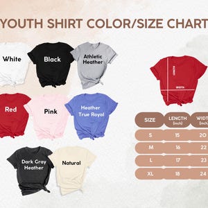 May include: A youth shirt color and size chart. The chart displays various t-shirt colors, including white, black, red, pink, and blue. Measurements are provided in inches for sizes S, M, L, and XL, detailing length and width.