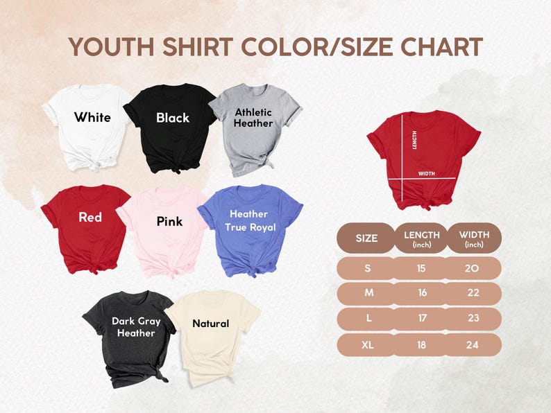 May include: A youth shirt color and size chart. The chart displays various t-shirt colors, including white, black, red, pink, and blue. Measurements are provided in inches for sizes S, M, L, and XL, detailing length and width.