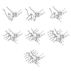 Puede incluir: Un dibujo en blanco y negro de varias manos que se sostienen unas a otras en diferentes configuraciones. Las manos est&aacute;n dibujadas de forma simple y estilizada, y la imagen transmite una sensaci&oacute;n de unidad y uni&oacute;n.