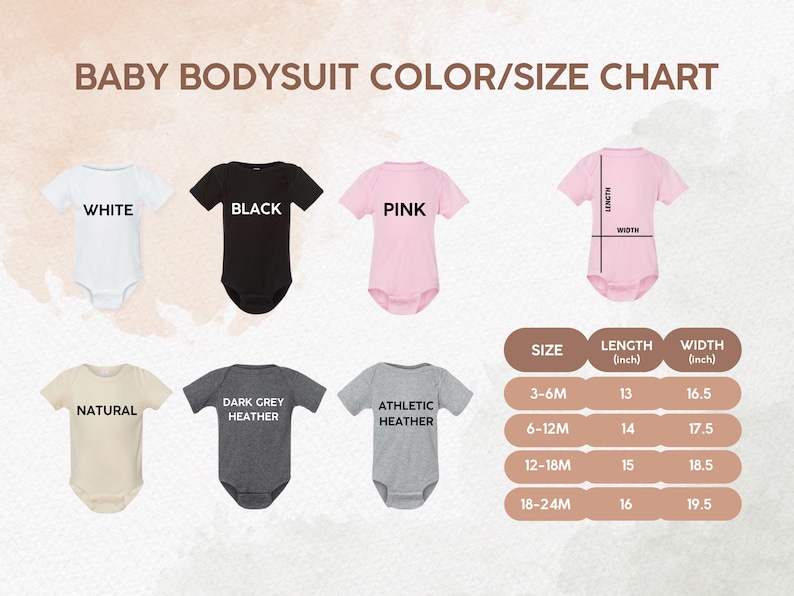May include: A color and size chart for baby bodysuits. The chart displays bodysuits in white, black, pink, natural, dark grey heather, and athletic heather. Measurements are provided in inches for length and width, ranging from 13 to 16 inches in length and 16.5 to 19.5 inches in width.
