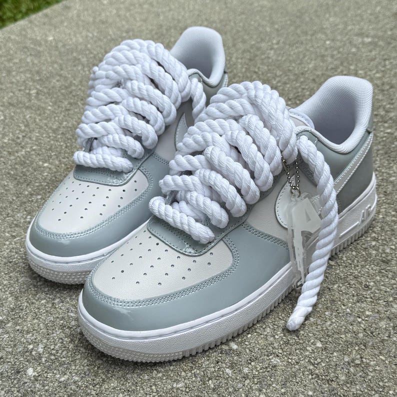 picture of patent gray and white air force one with big rope laces