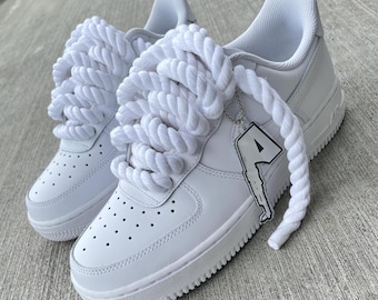 Custom Air Force 1 Sneakers: White with Chunky Rope Laces & Hangtag