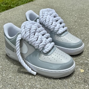 patent leather grey and white air forces with 10mm rope laces