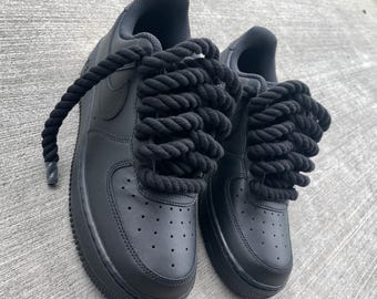 air force ブラック カスタム ロープフォース Black Air Force 1 Custom Sneakers With Chunky Rope Laces and