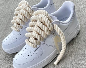 Custom Air Force 1: White Sneakers with Cream Rope Laces & Tan Hangtag