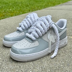 grey patent leather and white af1 with white rope laces