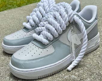 Custom Nike Air Force 1 Sneakers : White and Gray Patent Leather with Rope Laces and Hangtag