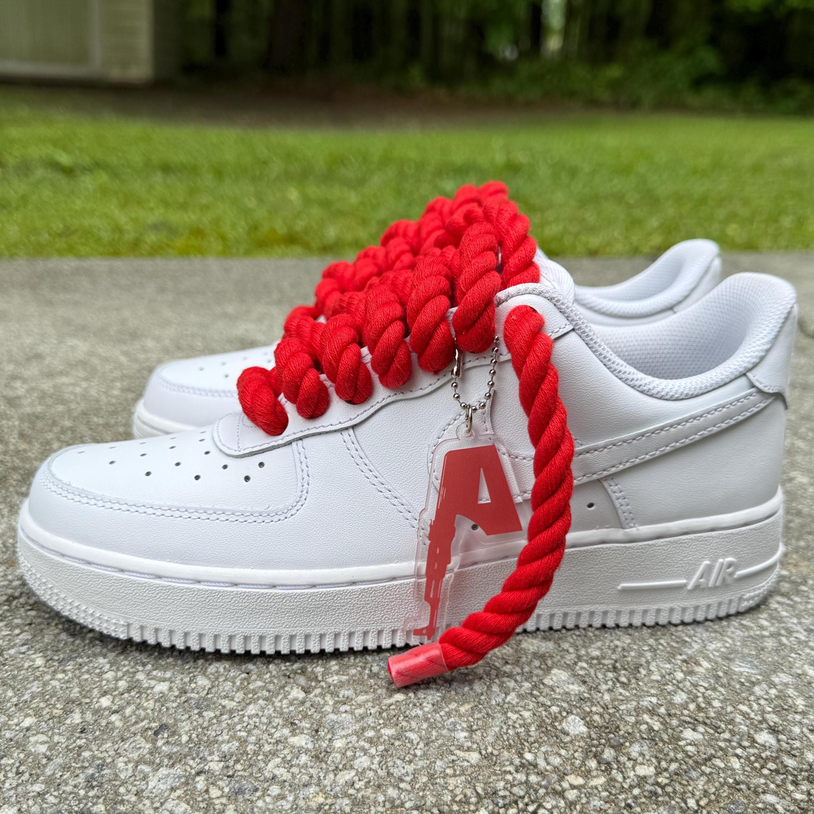 All Red Nike Air Force 1 Custom with Chunky Rope Laces AF1 and Hangtag Red Nike Af1 All Over All Red Nike Air Force Custom With  main image 3