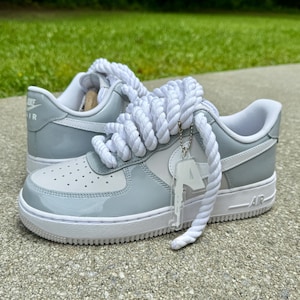 rope lace air force ones grey and white patent leather
