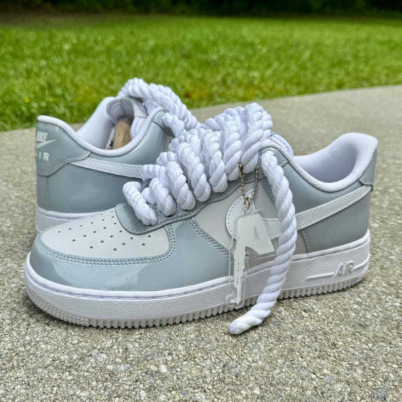 rope lace air force ones grey and white patent leather