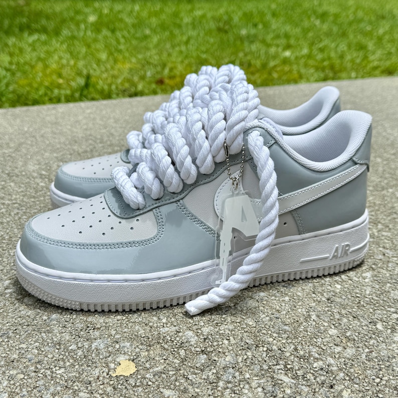 white and grey patent leather af1 with chunky rope laces