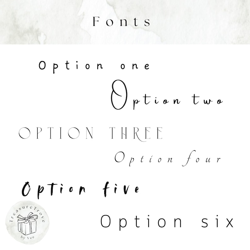May include: A graphic design image showing six different font styles with the word "Option" followed by a number. The text "Fonts" is at the top of the image.