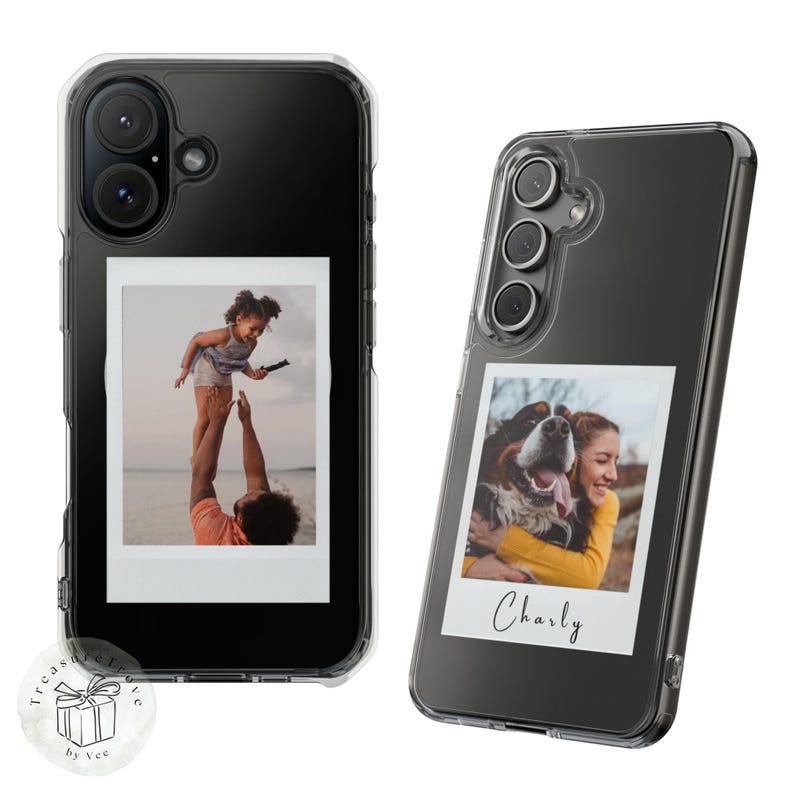 May include: Two clear phone cases with a black background. One case has a photo of a child being held up by an adult. The other case has a photo of a dog and a person. The text "Charly" is printed on the case.