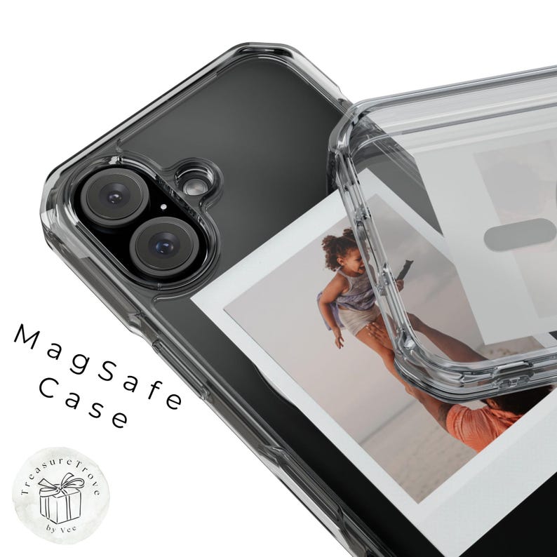 May include: A clear phone case with a built-in photo holder. The case is designed to fit a smartphone with a dual camera system. The photo holder is a clear plastic frame that can hold a standard-sized photograph. The case is labeled "Magsafe Case".