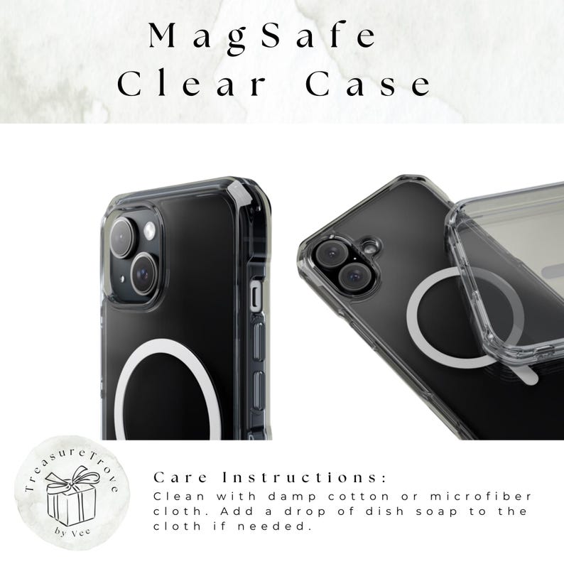 May include: A clear phone case with a built-in MagSafe ring. The case is designed to protect a smartphone and has a clear back to show off the phone's design. The case is made of durable, flexible material and is easy to install and remove.