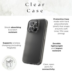 May include: A clear phone case with a black phone inside. The case is made of hard polycarbonate and has a soft TPU lining. The case is designed to protect the phone from scratches and impacts. The case also supports wireless charging and MagSafe.