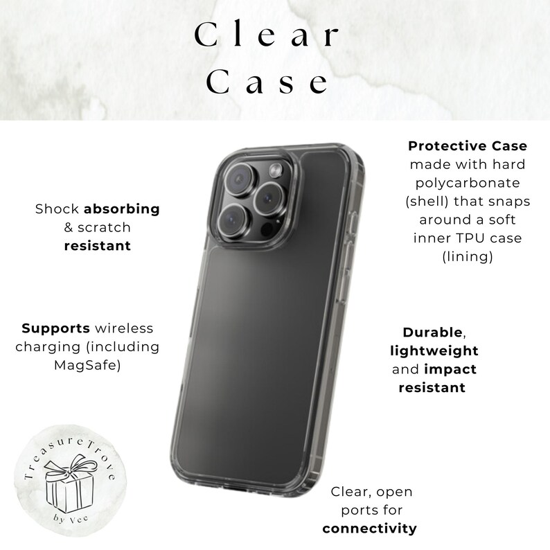 May include: A clear phone case with a black phone inside. The case is made of hard polycarbonate and has a soft TPU lining. The case is designed to protect the phone from scratches and impacts. The case also supports wireless charging and MagSafe.