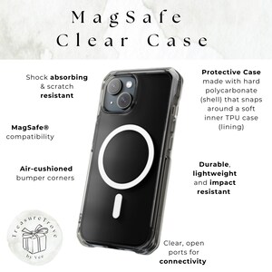 May include: A clear phone case with a black phone inside. The case has a built-in MagSafe ring and is designed to protect the phone from scratches and impacts. The case is compatible with MagSafe chargers and accessories. The text on the image reads "MagSafe Clear Case", "Shock absorbing & scratch resistant", "MagSafe&reg; compatibility", "Air-cushioned bumper corners", "Protective Case made with hard polycarbonate (shell) that snaps around a soft inner TPU case (lining)", "Durable, lightweight and impact resistant", "Clear, open ports for connectivity".
