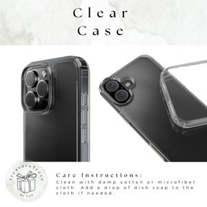 May include: A clear phone case for a smartphone with a camera bump. The case is made of a transparent material and has a raised lip around the camera to protect it from scratches. The case is shown on a white marble background. The text "Clear Case" is written above the case. The text "Care Instructions: Clean with damp cotton or microfiber cloth. Add a drop of dish soap to the cloth if needed." is written below the case.