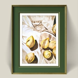 23 x 31 cm "Golden Harvest" - Limões natureza morta pintura aquarela original, arte de cozinha vintage decoração de parede de fazenda pintura de frutas cítricas