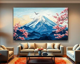 Impresión en lienzo del monte Fuji: arte paisajístico de la flor de cerezo japonesa (lienzo grande de 135 x 85 cm)