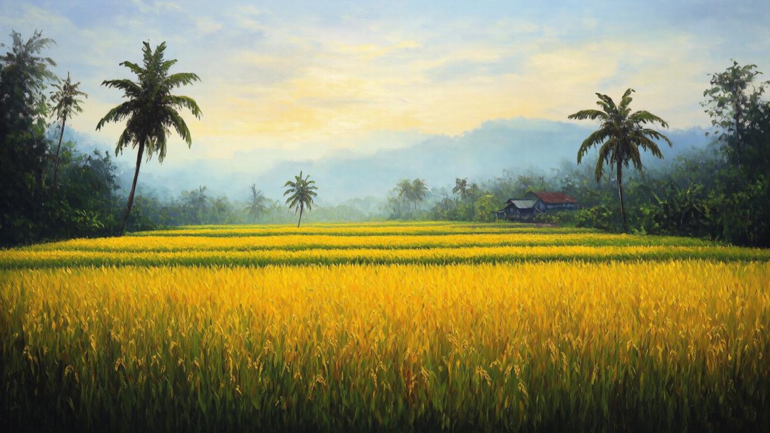 Balinese Rice Field Sunset Oil Painting: Golden Landscape Art, Tranquil ...