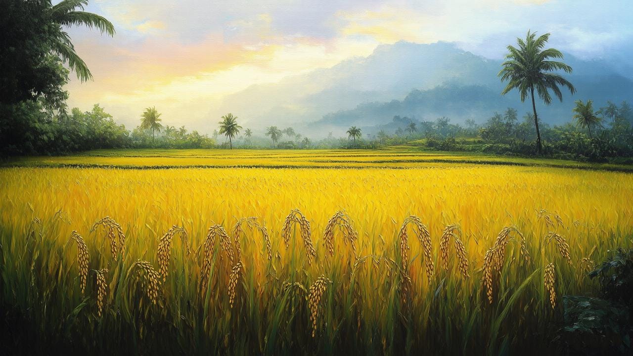 Balinese Rice Field Sunset Oil Painting: Golden Landscape Art, Tranquil ...