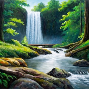 Op de afbeelding: Een landschapsschilderij van een waterval die in een stromende rivier valt, omringd door een dicht bos. De scène toont hoge bruine boomstammen, levendig groen gebladerte, bemoste rotsen op de voorgrond en een kleine houten brug.