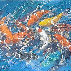 Aqua Blue Feng Shui Koi Fish Painting – 9 Lucky Koi in Ocean Splash (135x85 cm) | Asian Prosperity Art for Wealth & Harmony