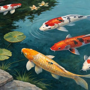 Harmony & Abundance: Hand-Painted Koi Fish Pond Art - Lucky Koi Fish Painting - Large Feng Shui Prosperity Painting