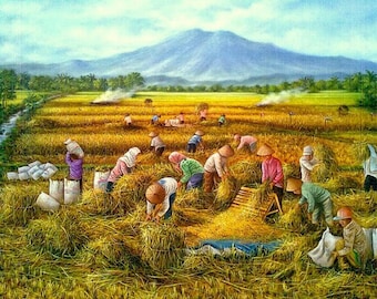 穏やかな田んぼと流れる川 - 静かな村の生活を描いた風景画 - Etsy 日本