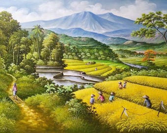 バリ島の棚田の絵画：緑豊かな田園と伝統的な小屋 - Etsy 日本