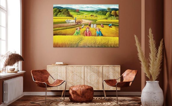 Asian Rice Field Painting: Golden Harvest Feng Shui Wall Art