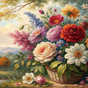 田園風景を描いたロマンチックな花かご – 大型油絵（135 x 85 cm） – 自然をテーマにした風水インテリア